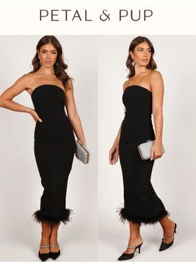 PETAL & PUP CLARA FEATHER TRIM STRAPLESS COCKTAIL MIDI DRESS SIZE SMALL **NWOT**